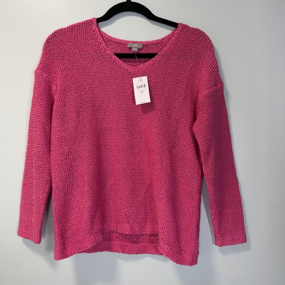 J. Jill Hollyhock Pink Textured V-Neck Knit Sweater Petite Small Cottagecore NWT